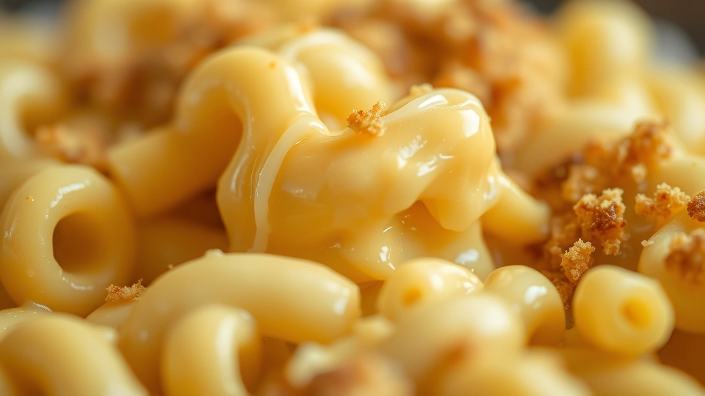 detail: close-up macro of mac and cheese, individual pasta piece coated in creamy sauce, melted cheese strings, breadcrumb topping visible, shallow depth of field, golden warm lighting, no text