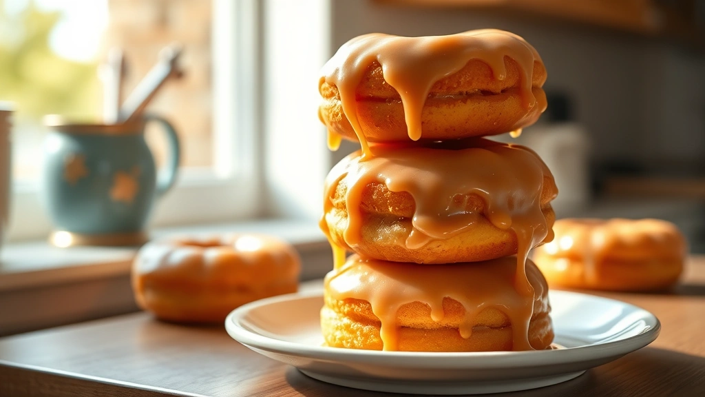 hero: fresh glazed krispy kreme style donuts stacked on white ceramic plate, warm golden glaze dripping, natural morning sunlight streaming through kitchen window, photorealistic, shallow depth of field, no text