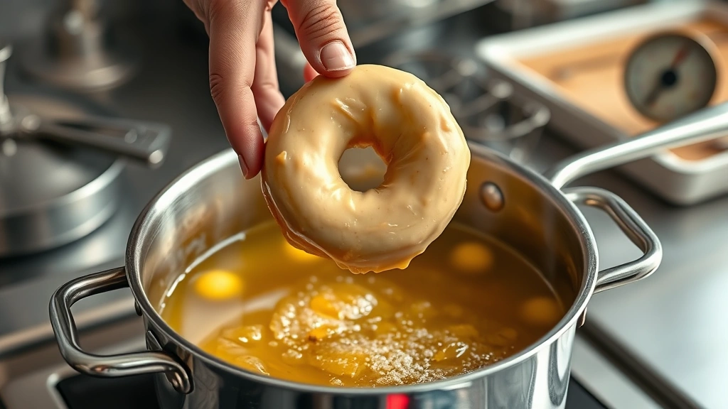 process: hands carefully lowering raw donut into golden hot oil in Dutch oven, oil bubbling around donut, candy thermometer visible, professional kitchen setting, photorealistic, natural daylight, no text
