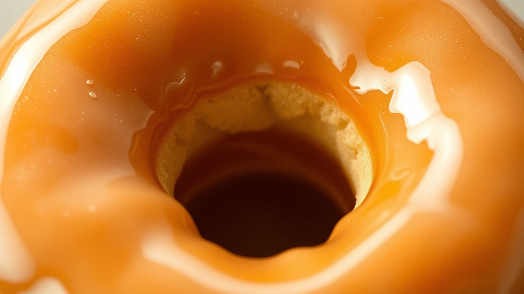 detail: extreme close-up of single glazed donut showing shiny glaze coating and light fluffy interior texture, warm overhead lighting, drops of glaze detail visible, photorealistic, no text