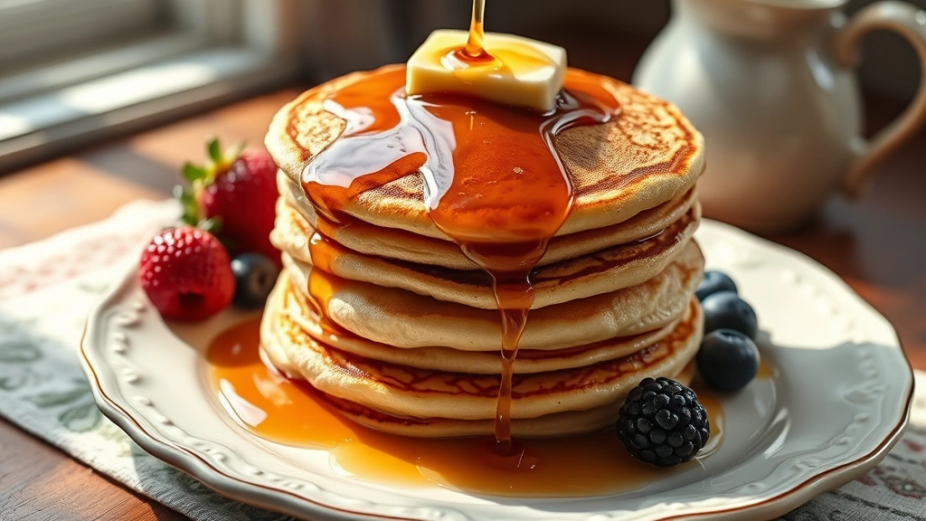 hero: stack of golden fluffy pancakes with melting butter and maple syrup dripping down, fresh berries on the side, warm natural morning light, photographed on vintage ceramic plate, cozy breakfast aesthetic, no text