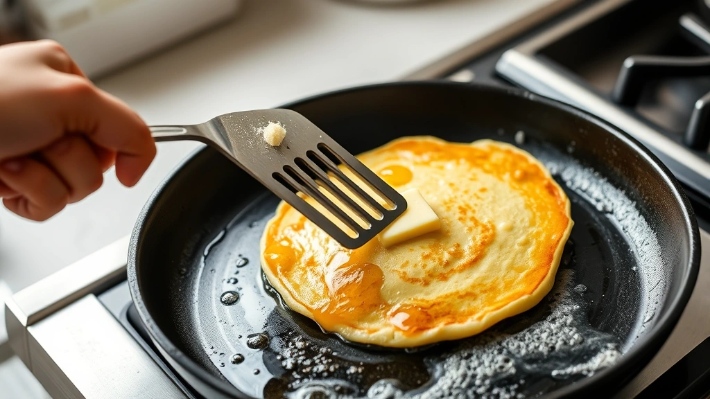 process: hand flipping golden pancake on cast iron griddle with spatula, butter sizzling, bubbles visible on surface, natural kitchen light, action shot, no text