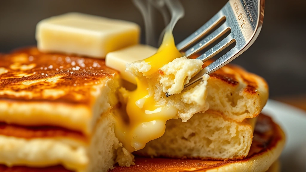 detail: close-up of cut pancake showing fluffy interior texture, butter melting into layers, steam rising, fork lifting bite, warm diffused light, no text