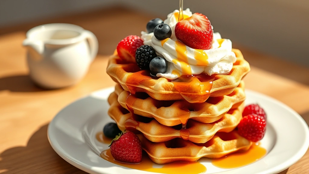 hero: golden crispy Krusteaz waffles stacked on white plate, topped with fresh berries, whipped cream, and maple syrup drizzle, natural morning light streaming across, photorealistic, no text