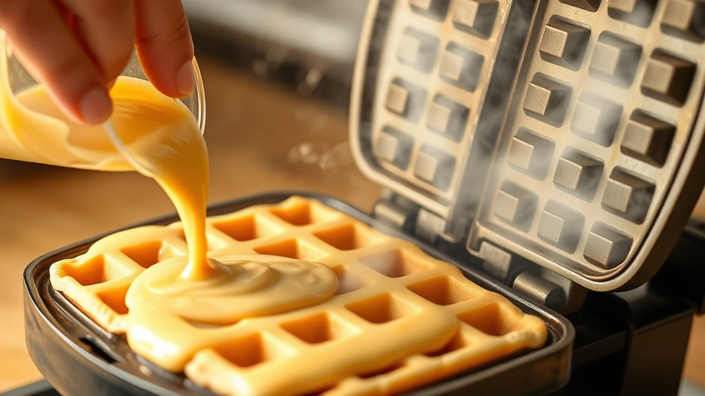 process: hand pouring golden waffle batter into preheated waffle iron, steam rising, warm lighting, photorealistic, no text