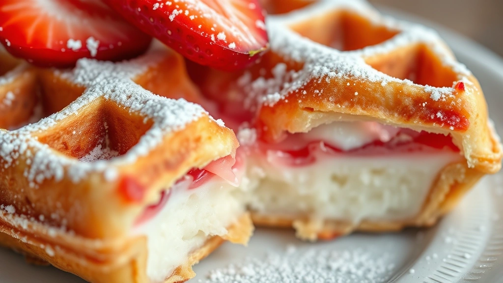 detail: close-up of cross-section of waffle showing fluffy interior and crispy exterior, topped with powdered sugar and fresh strawberry, natural light, photorealistic, no text