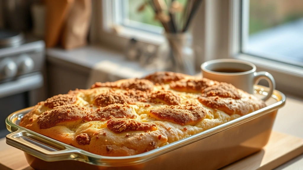 hero: golden brown kuchen with cinnamon streusel topping in baking dish, steam rising, cup of coffee beside it, natural window light, cozy kitchen setting, photorealistic, no text