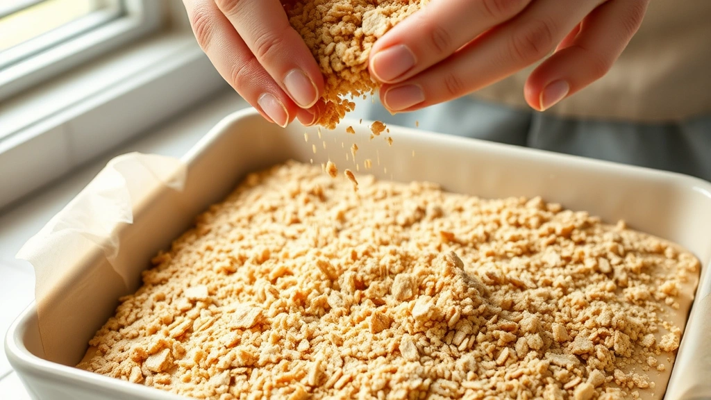 process: hands sprinkling streusel mixture over dough in baking dish, close-up action shot, natural daylight from window, photorealistic, no text
