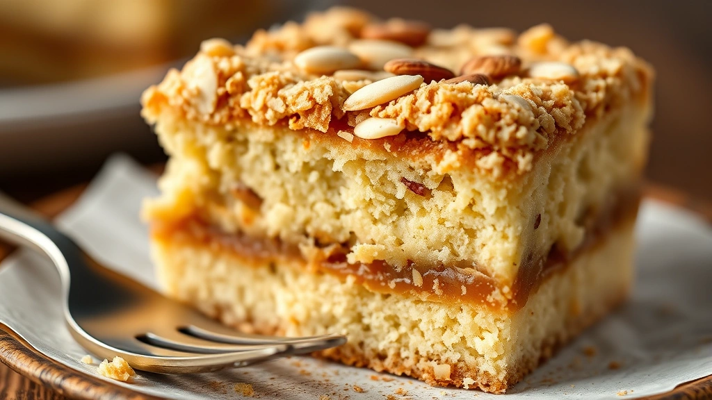 detail: close-up of kuchen square showing layers of cake, streusel topping, and almonds, fork next to it, shallow depth of field, warm natural lighting, photorealistic, no text
