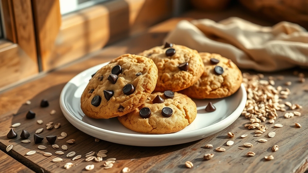 hero: golden-brown lactation cookies with chocolate chips on a white ceramic plate with oats and flaxseed scattered nearby, warm natural window light, rustic wooden table surface, cozy postpartum aesthetic, photorealistic, no text