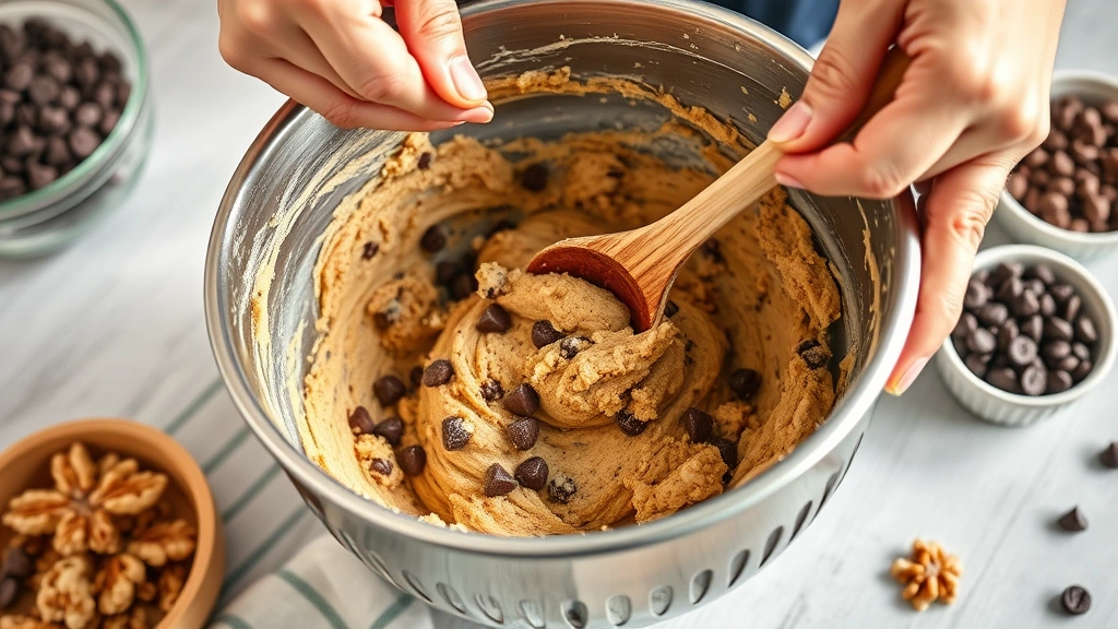 process: hands mixing cookie dough in a stainless steel bowl with a wooden spoon, chocolate chips and walnuts visible, ingredients arranged around the bowl, bright natural kitchen lighting, photorealistic, no text