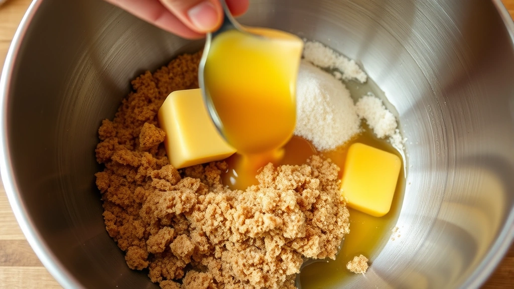 process: hands spooning brown butter into a mixing bowl with brown sugar and granulated sugar, butter has golden amber color with visible brown bits, stainless steel bowl, natural kitchen lighting, close enough to see texture details, no text or watermarks