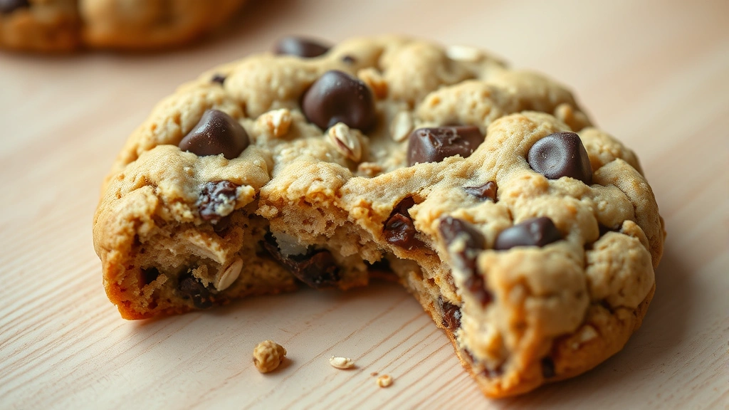 detail: single lactation cookie broken in half showing the chewy interior with chocolate chips, oats, and speckles of flaxseed visible, placed on a light wooden surface, macro photography with natural light, no text or watermarks