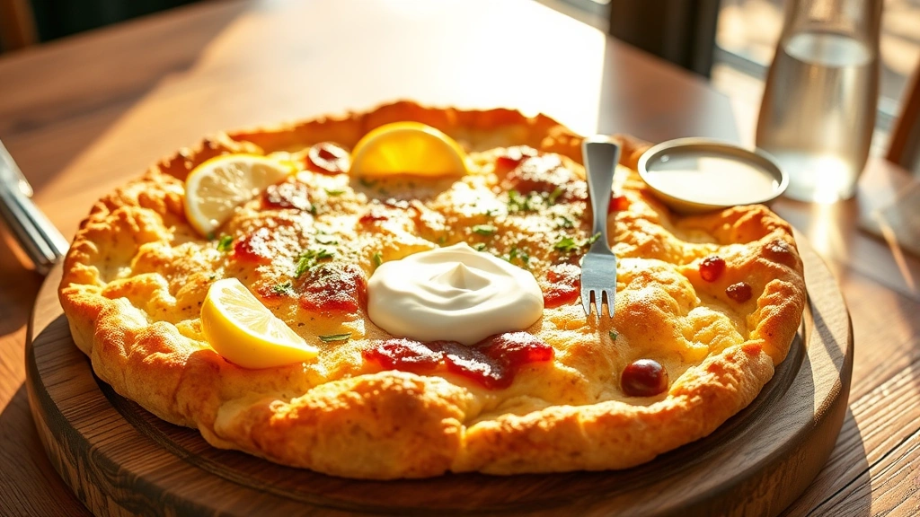 hero: finished lahmacun on wooden board with fresh lemon wedges, herbs, yogurt sauce, warm sunlight streaming across, appetizing golden brown crust, Turkish dining setting