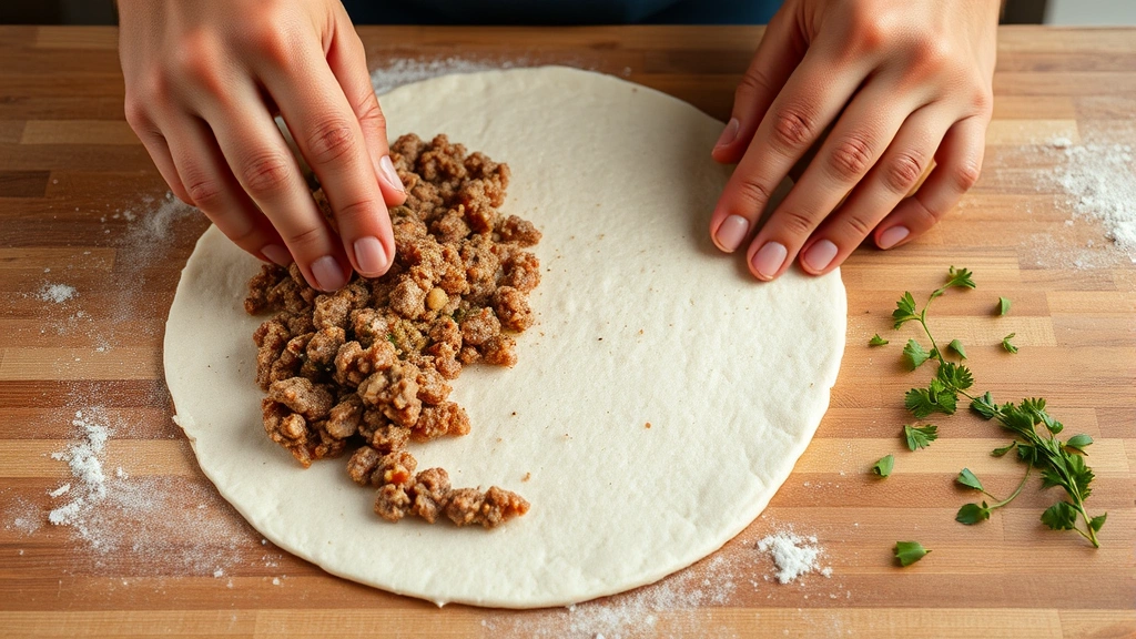 process: hands spreading seasoned ground meat mixture onto thin dough circle, fresh herbs scattered nearby, natural kitchen lighting, action shot showing traditional technique