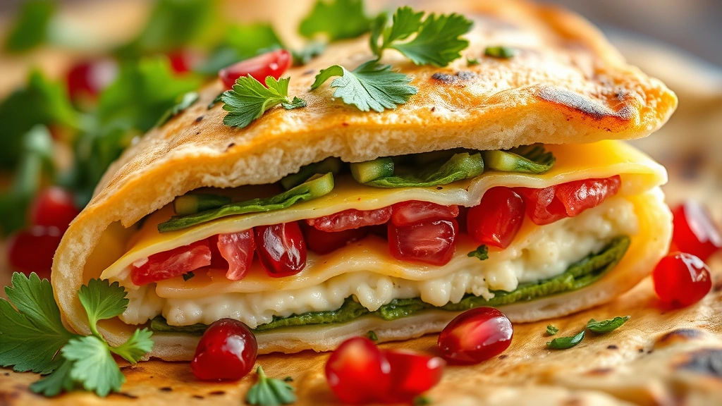 detail: close-up of lahmacun cross-section showing layers, fresh parsley and mint garnish, pomegranate seeds scattered around, golden crispy edges, shallow depth of field, warm natural light