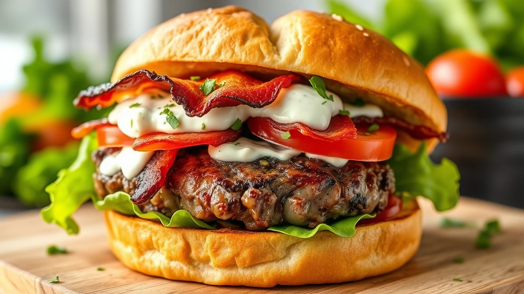 hero: perfectly cooked lamb burger on toasted brioche bun topped with feta cheese, tzatziki sauce, crispy bacon, fresh tomato, and lettuce, photorealistic, natural daylight, no text, appetizing presentation