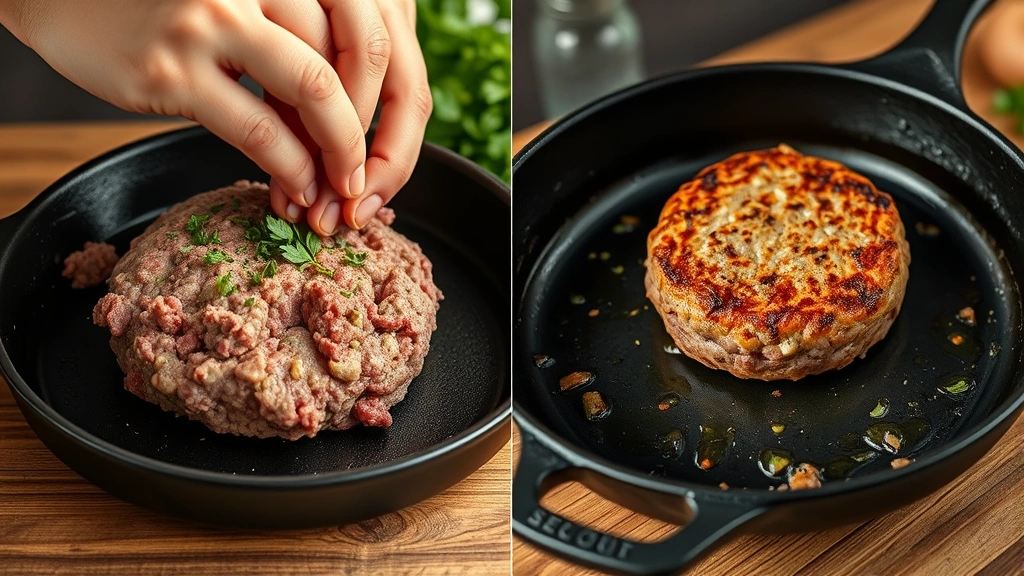 process: hands shaping ground lamb patty mixture with herbs and spices visible, cooking lamb burger on cast iron skillet with golden brown crust forming, photorealistic, natural kitchen lighting, no text