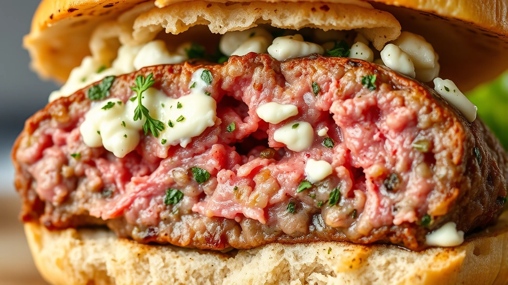 detail: close-up cross-section of lamb burger showing juicy pink interior, melted feta cheese, herb flecks, and spices throughout patty, photorealistic, macro photography, natural light, no text