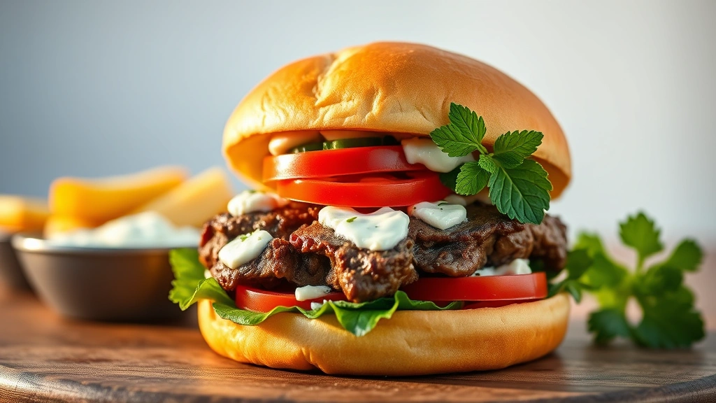 hero: perfectly cooked lamb burger on brioche bun with feta cheese, fresh tomato, cucumber, and tzatziki sauce, photorealistic, golden hour natural light, garnished with fresh mint, no text