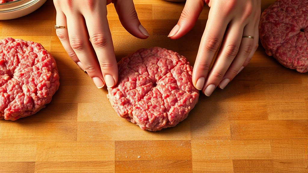 process: hands gently shaping raw lamb burger patties with indentation in center, photorealistic, bright natural light, no text