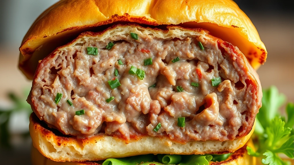 detail: close-up cross-section of cooked lamb burger showing juicy interior and herb flecks, photorealistic, soft natural light, no text