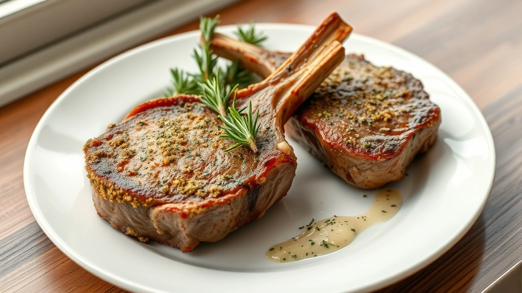 hero: perfectly seared lamb chops with golden herb crust on white plate, fresh rosemary sprig garnish, soft natural window light, overhead shot, food photography
