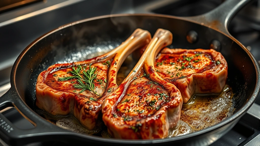 process: sizzling lamb chops in cast-iron skillet with herb coating, dramatic sear with golden crust forming, professional kitchen lighting, action shot