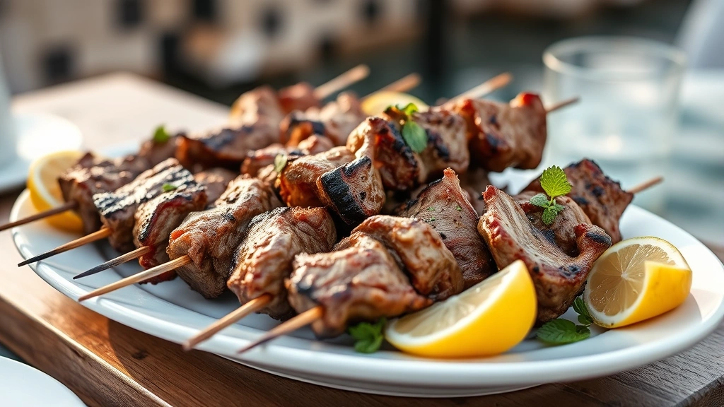 hero: perfectly grilled lamb kebabs on wooden skewers with charred edges, served on white platter with fresh lemon wedges and mint garnish, Mediterranean setting, golden hour lighting, shallow depth of field