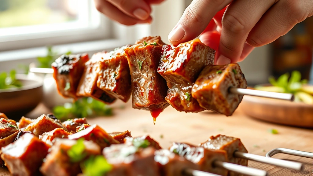 process: hands threading marinated lamb cubes onto metal skewer, marinade dripping, fresh herbs and garlic visible in background, close-up action shot with natural daylight from window