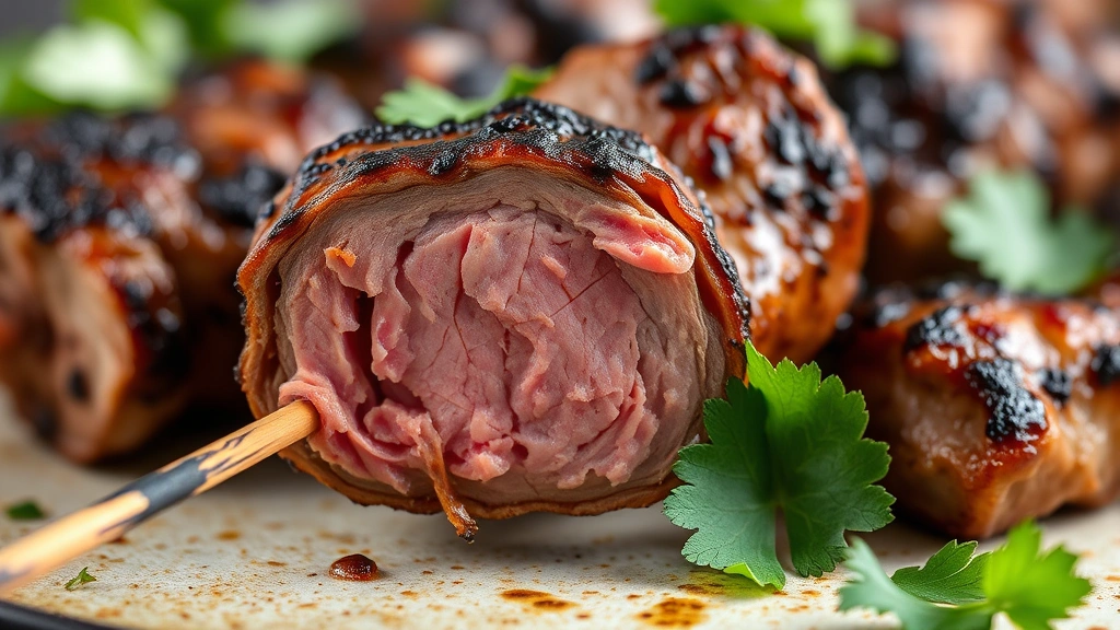 detail: close-up of single lamb kebab showing charred exterior and pink juicy interior cross-section, garnished with fresh cilantro and mint leaf, shallow focus highlighting texture