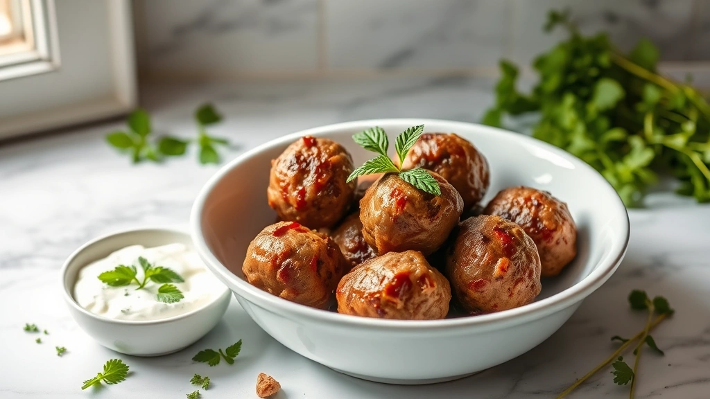 hero: finished lamb meatballs in a white ceramic bowl garnished with fresh mint, tzatziki sauce on the side, golden-brown perfectly cooked meatballs, photorealistic, natural daylight streaming in from left, styled on a marble countertop with fresh herbs scattered nearby, no text