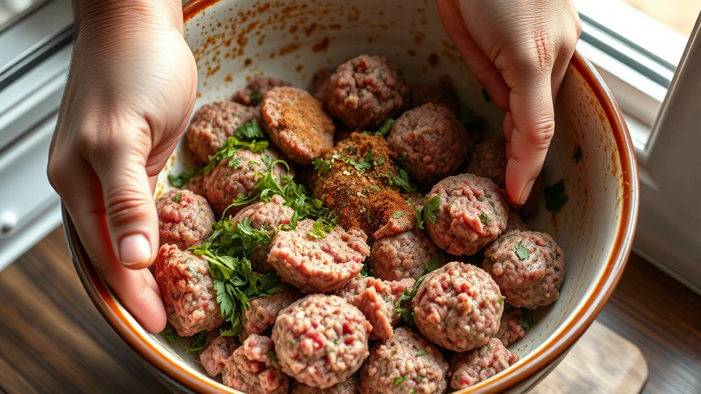 process: hands gently mixing ground lamb with herbs and spices in a large ceramic bowl, partially formed meatballs visible, mid-mixing stage, photorealistic, natural window light, close perspective showing texture of mixture, no text