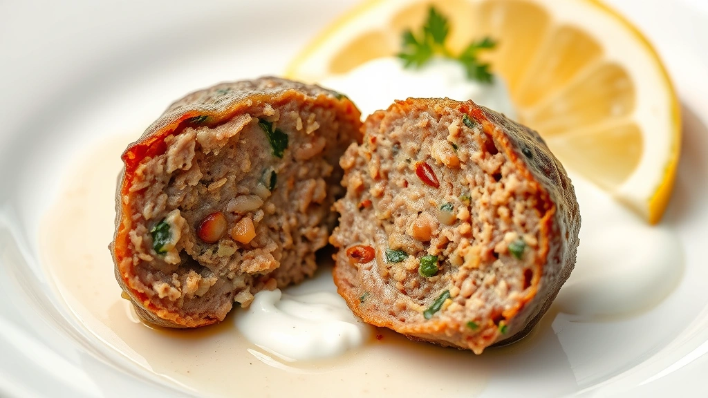 detail: cross-section of a perfectly cooked lamb meatball showing juicy tender interior with visible herbs and spices, sitting on white plate with yogurt sauce and lemon wedge, photorealistic macro photography, natural light highlighting the moist texture, no text