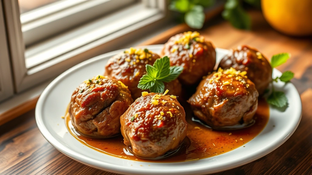 hero: golden-brown lamb meatballs on a white ceramic plate, garnished with fresh mint and lemon zest, soft natural window light, Mediterranean style plating