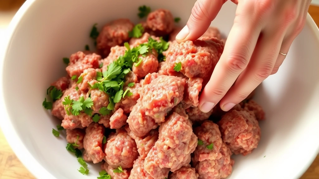 process: hands gently mixing raw lamb meatball mixture in a white bowl with fresh herbs visible, warm natural lighting, preparation stage