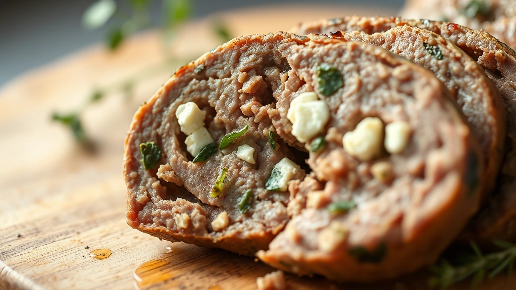 detail: close-up cross-section of a sliced lamb meatball showing tender interior texture with herbs and feta visible, soft natural light, shallow depth of field