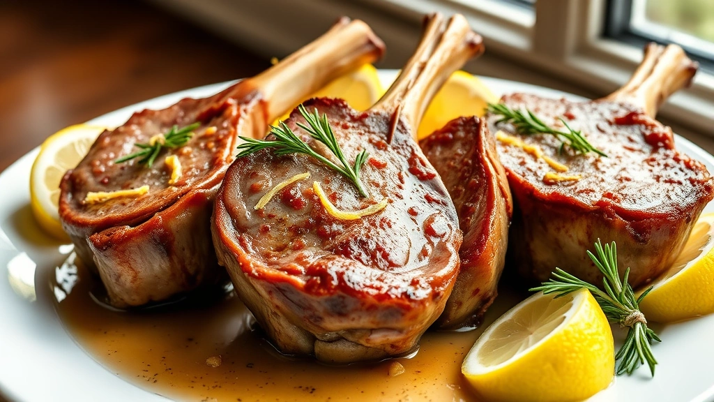 hero: Four perfectly cooked lamb shoulder chops with golden-brown crust, fresh rosemary and thyme garnish, pan sauce with lemon zest, served on white plate, natural window light, styled with lemon wedges and fresh herbs