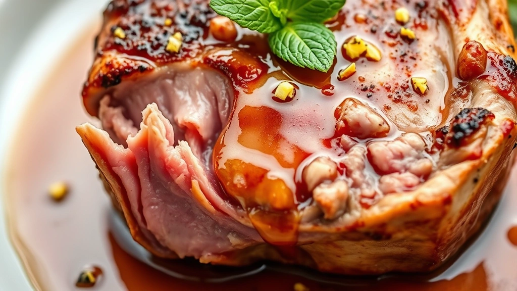 detail: Close-up of single lamb shoulder chop showing tender pink interior and caramelized golden exterior, pan sauce with lemon zest drizzled over top, fresh mint leaf garnish, macro photography
