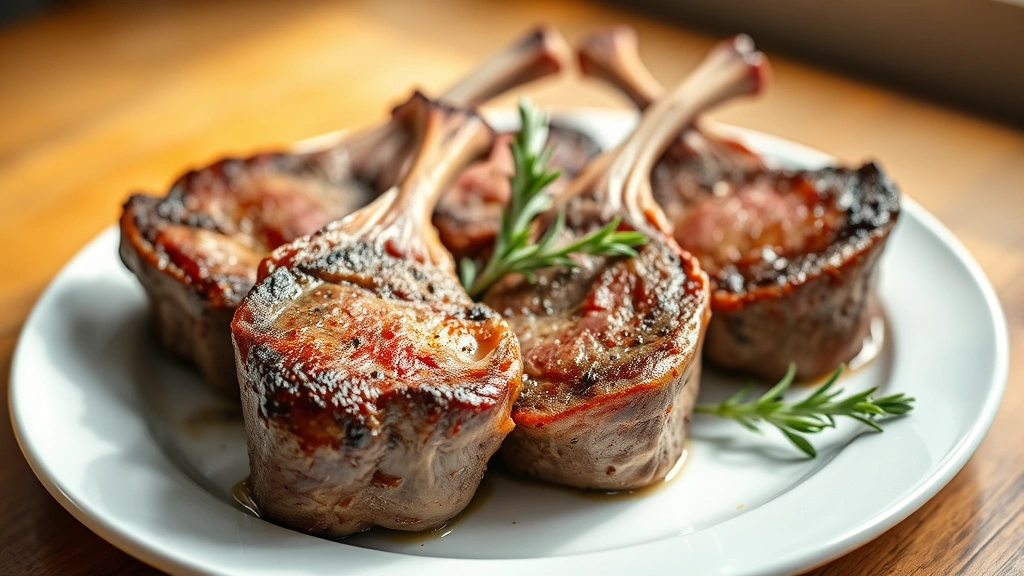 hero: four perfectly seared lamb shoulder chops on white plate with fresh rosemary and thyme garnish, golden crust visible, warm natural window light, shallow depth of field, no text or logos