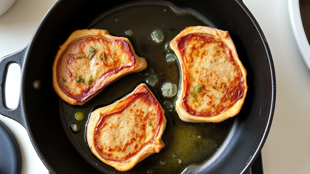 process: cast iron skillet with lamb chops being seared, garlic and herbs visible, butter foaming, golden crust forming, overhead angle, natural kitchen lighting, no text or logos