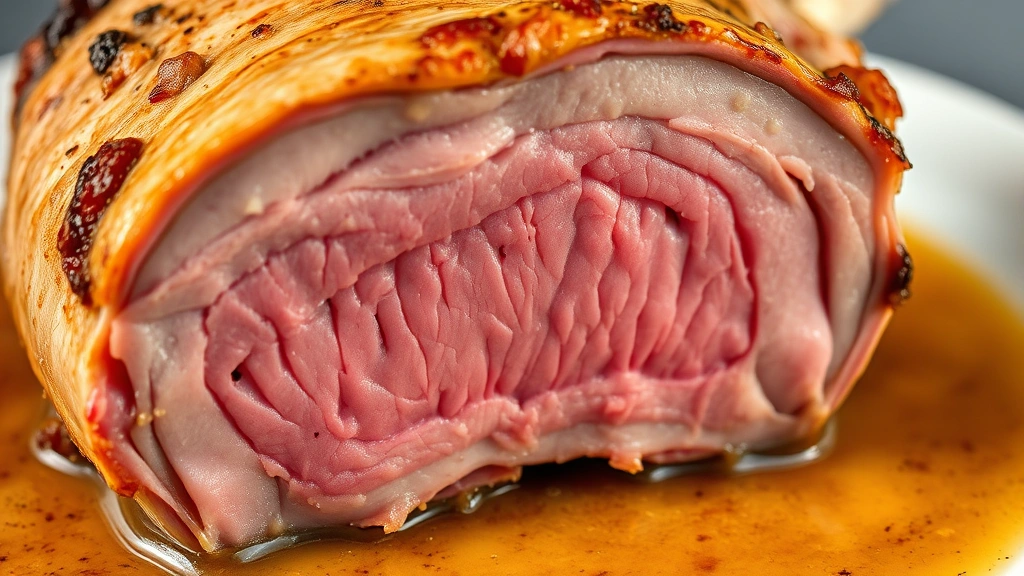 detail: close-up cross-section of carved lamb shoulder showing perfect pink medium center with golden exterior crust, pan sauce pooling around meat, professional macro photography, no text