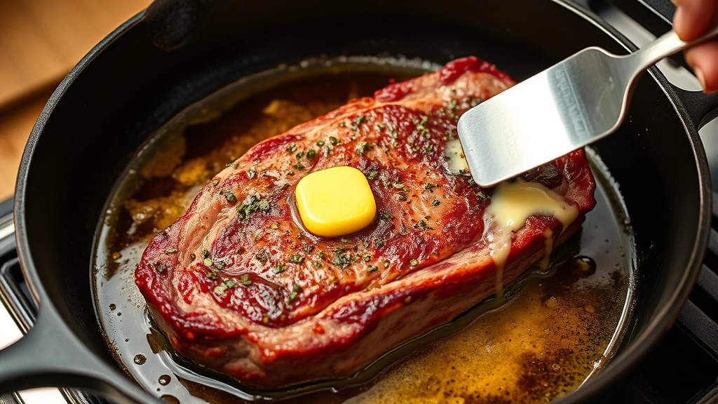 process: lamb steak sizzling in cast iron skillet with melted butter and herbs, pan juices visible, butter basting motion captured, warm kitchen lighting