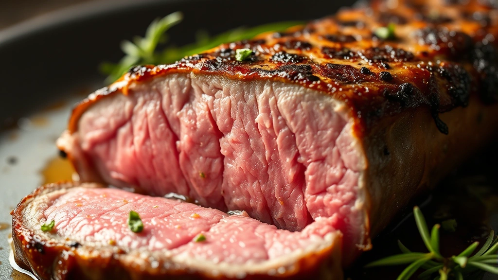 detail: close-up cross-section of cooked lamb steak showing perfect pink medium-rare center with golden brown crust, fresh herbs and pan juices, macro photography with soft natural light