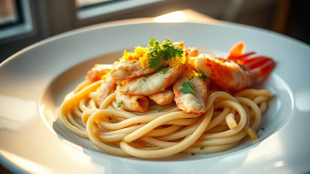 hero: creamy langostino pasta with lemon zest garnish on white plate, fresh parsley sprinkled on top, warm golden lighting from window, shallow depth of field, luxurious seafood dish