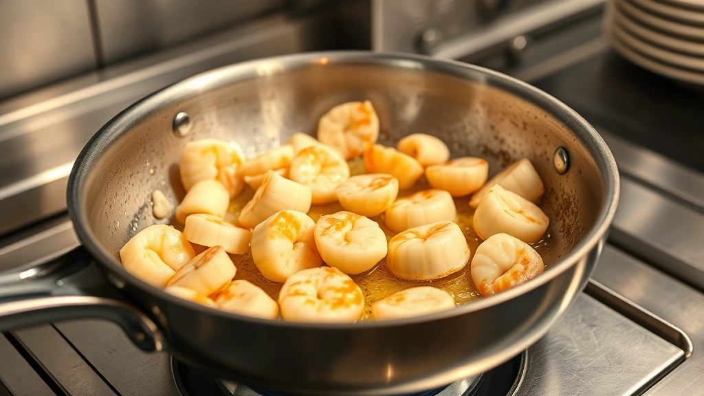 process: sliced garlic and langostino halves sizzling in butter in stainless steel skillet, golden brown color, steam rising, restaurant kitchen lighting