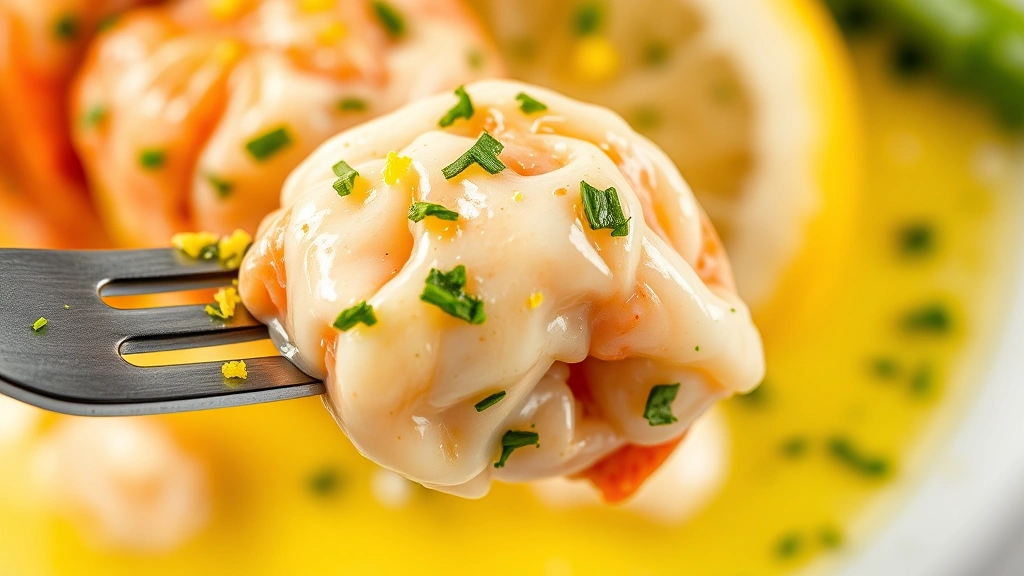 detail: close-up of cooked langostino tail meat with lemon zest and fresh tarragon on fork, creamy butter sauce coating, macro photography, vibrant colors