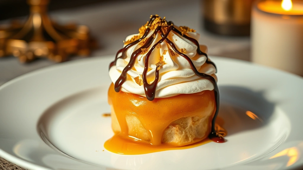 hero: delicate golden caramel lantern dessert filled with spiced whipped cream and topped with dark chocolate drizzle and edible gold leaf, sitting on white porcelain plate with soft candlelight, photorealistic, warm natural lighting from the side, elegant plating, no text