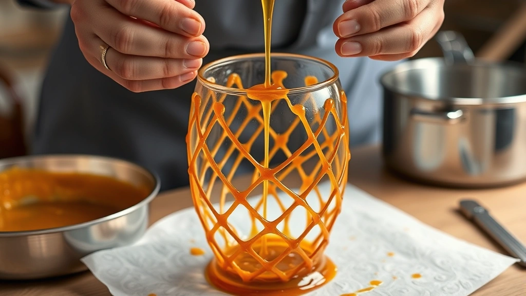 process: hands carefully drizzling caramel across upside-down glass to create lattice lantern structure, golden amber caramel mid-strand, stainless steel pan and candy thermometer visible, photorealistic, warm kitchen lighting, focus on technique and texture, no text