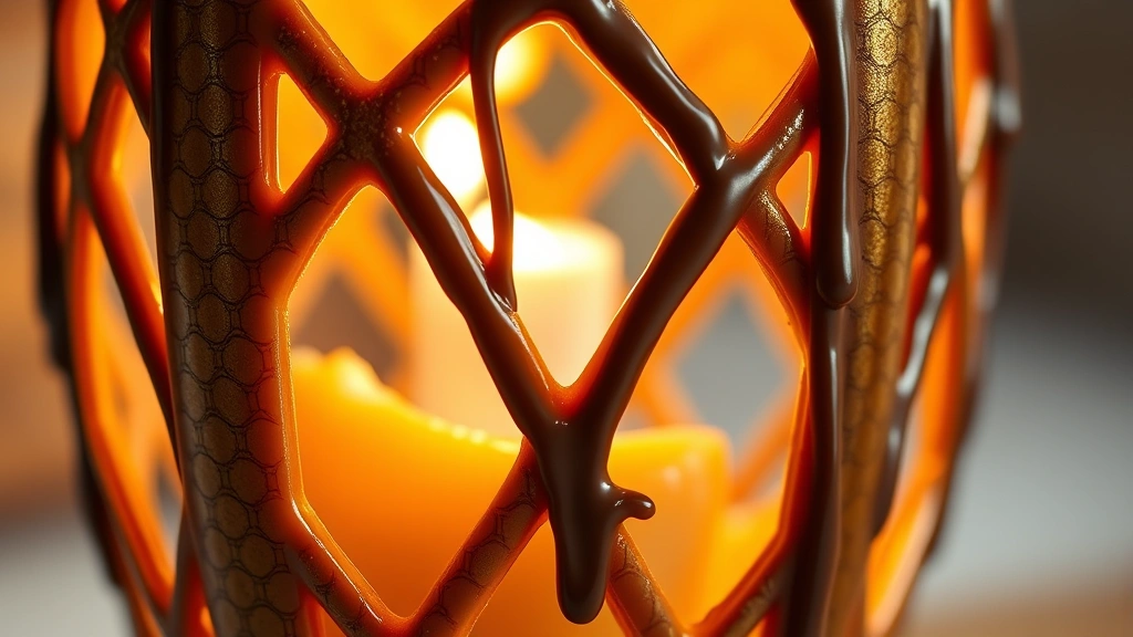 detail: extreme close-up of finished caramel lantern showing intricate lattice work, creamy filling visible through gaps, chocolate drizzle detail, gold leaf catching light, photorealistic, macro photography style, shallow depth of field, no text